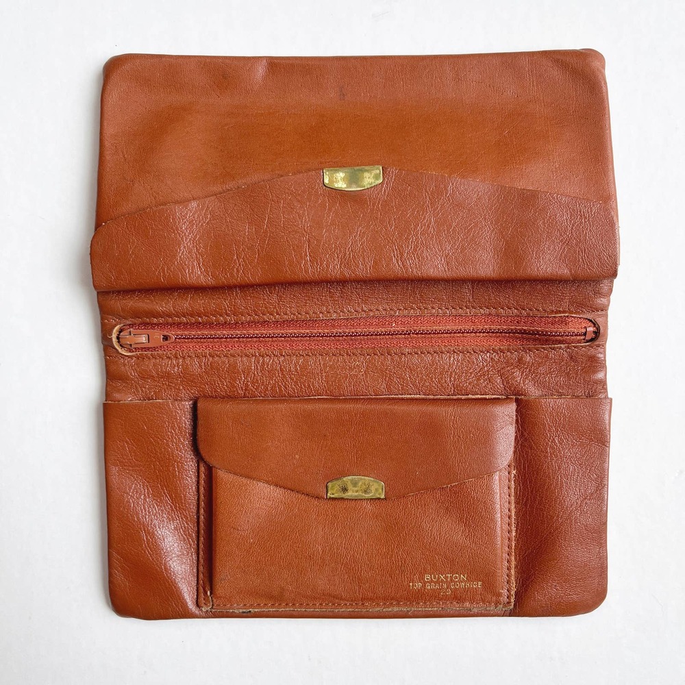 Vintage Buxton Cognac Brown Leather Fold Over Wallet Clutch